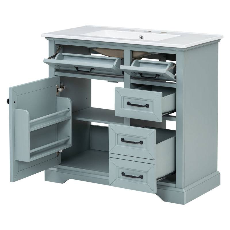 Bathroom Vanity With Ceramic Sink, Freestanding Design, 2 Tip Out Drawers, Soft Close Hinges - Gray