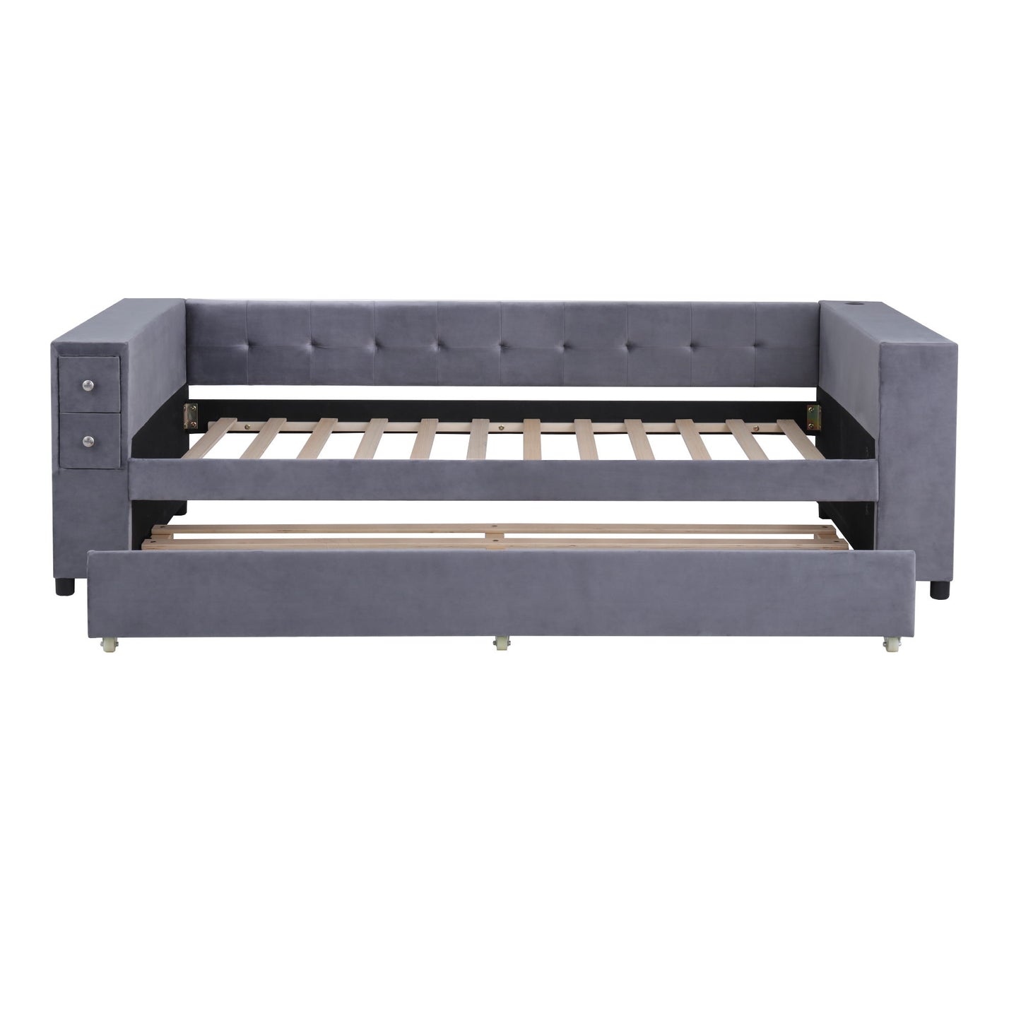 Upholstered Bed With Storage And Twin Trundle, USB Charging Ports