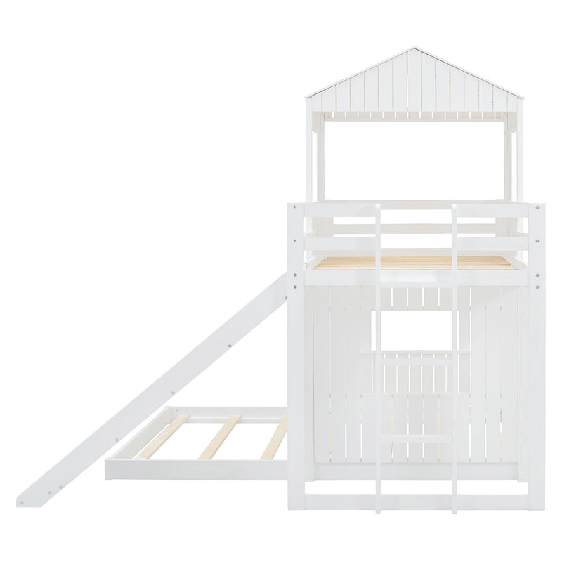 Loft Bunk Bed With Playhouse, Farmhouse, Ladder, Slide And Guardrails