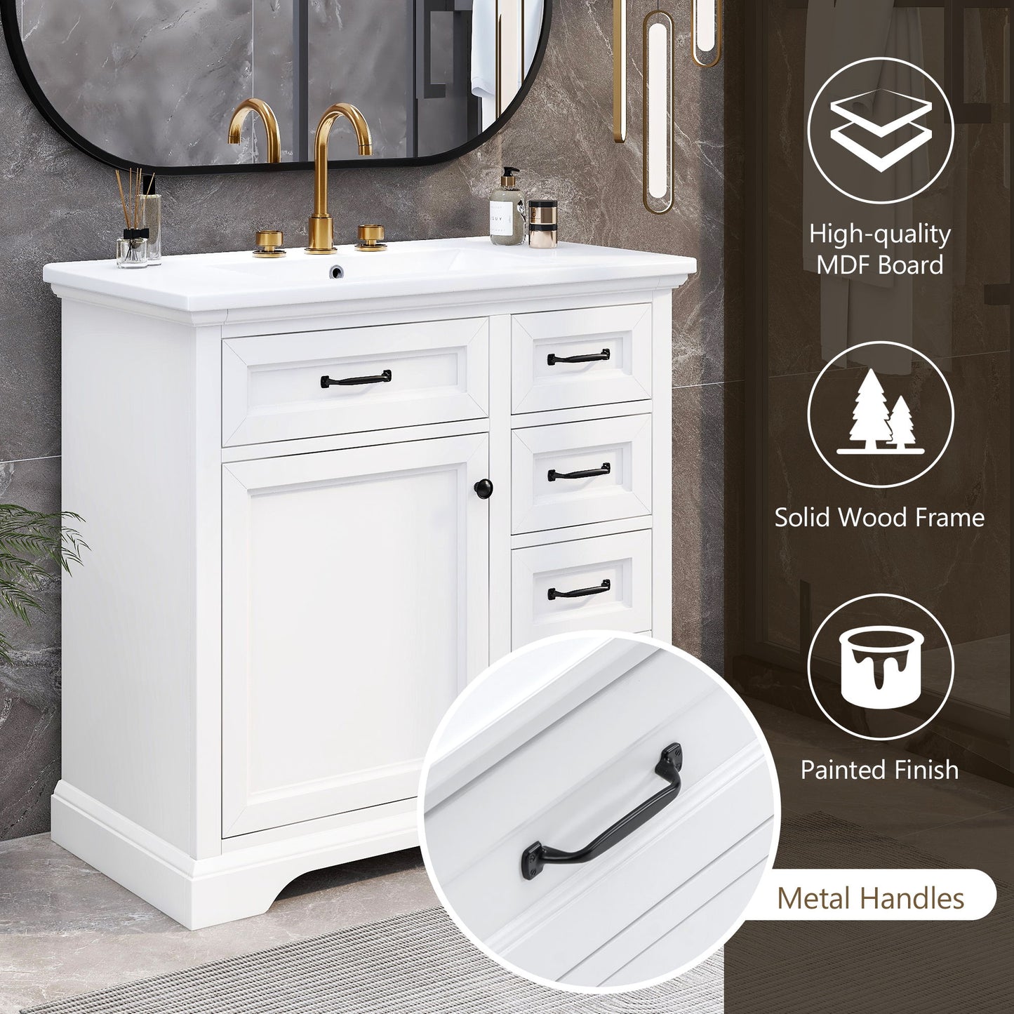 36" Bathroom Vanity With Sink, 2 Tip-Out Drawers, Soft Close Hinges