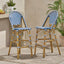 Outdoor Rattan French Barstool Set,, Bamboo, Seat Height - Navy Blue / White