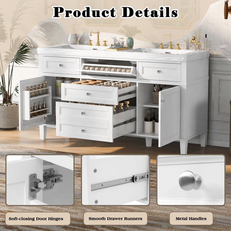 Bathroom Vanity With Double Sink, 3 Drawers, 2 Doors, Adjustable Shelves, Freestanding - White