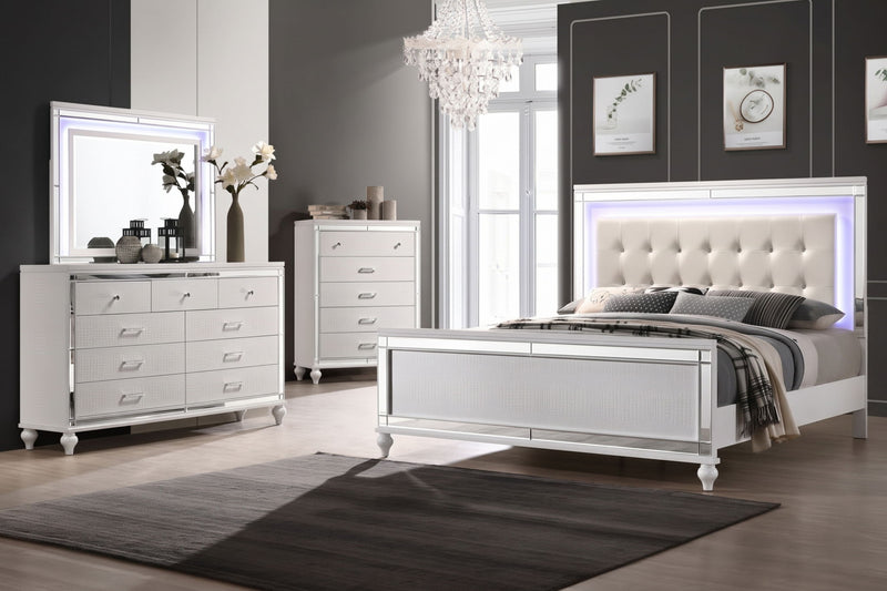 Valentino - Juego de dormitorio de 4 piezas Queen (cama, tocador, espejo, cómoda) - Blanco