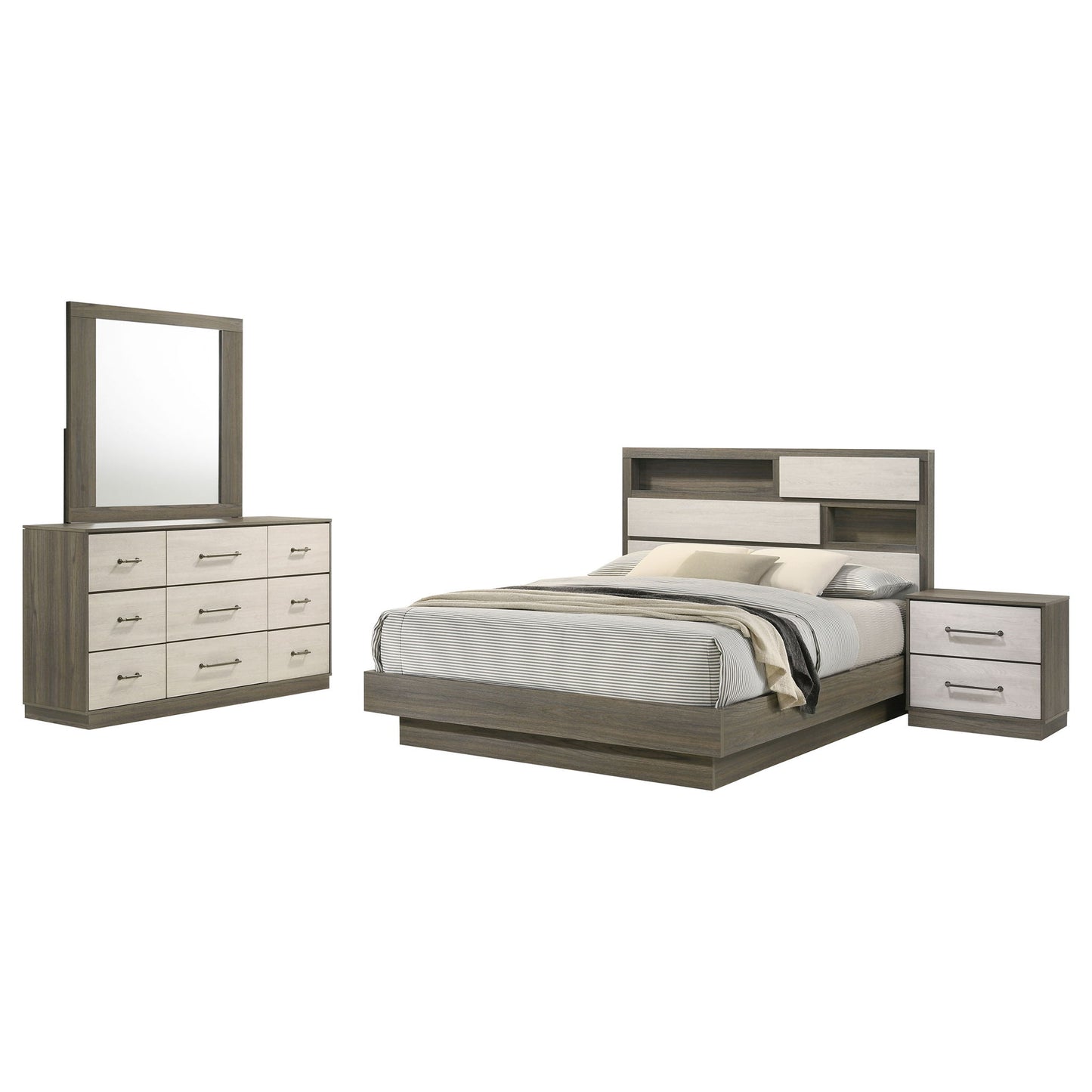 4 Piece Queen Bedroom Set With Built In Storage And Mirror - Oak