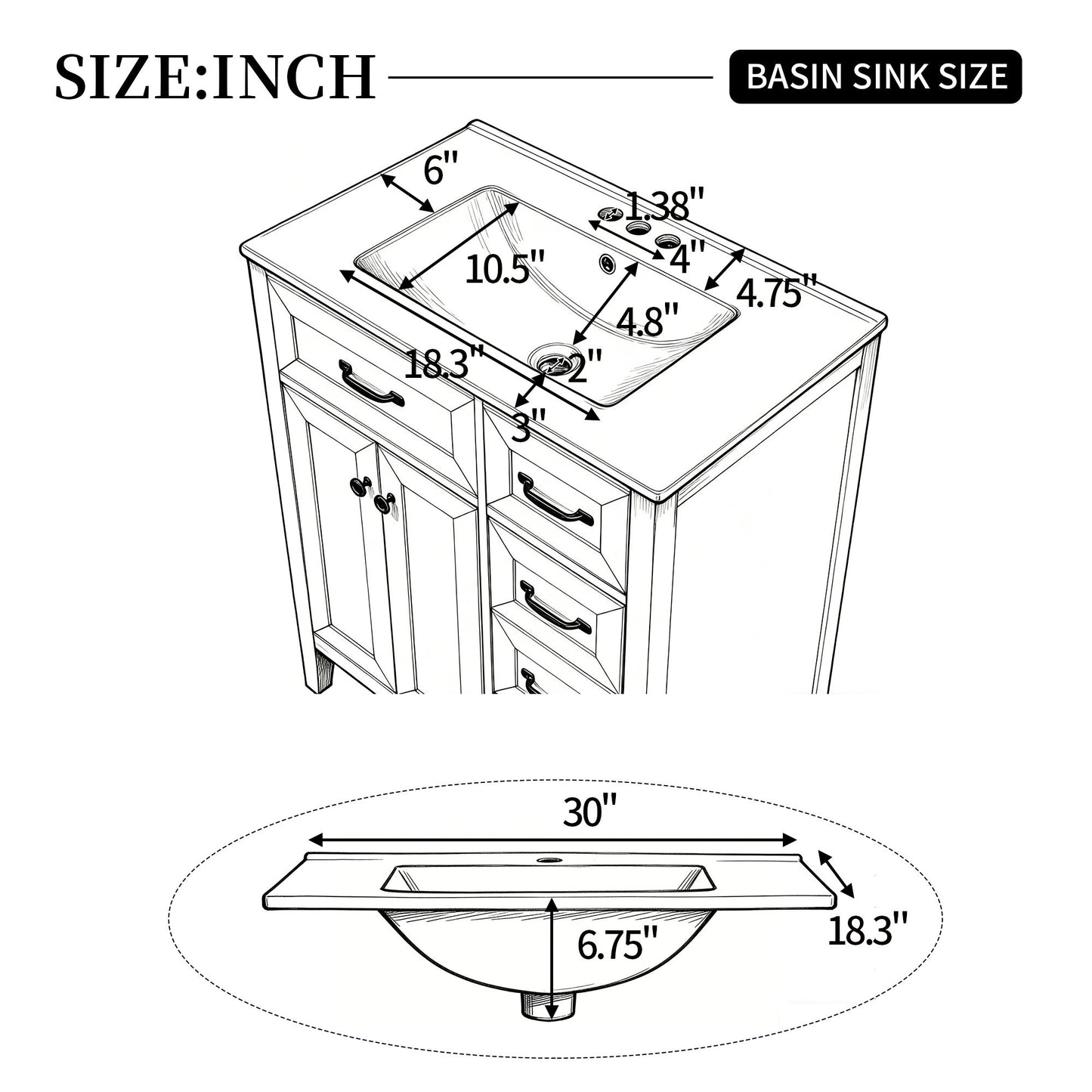 Bathroom Vanity With Sink, Freestanding Design, Soft Close Doors & Drawers - White