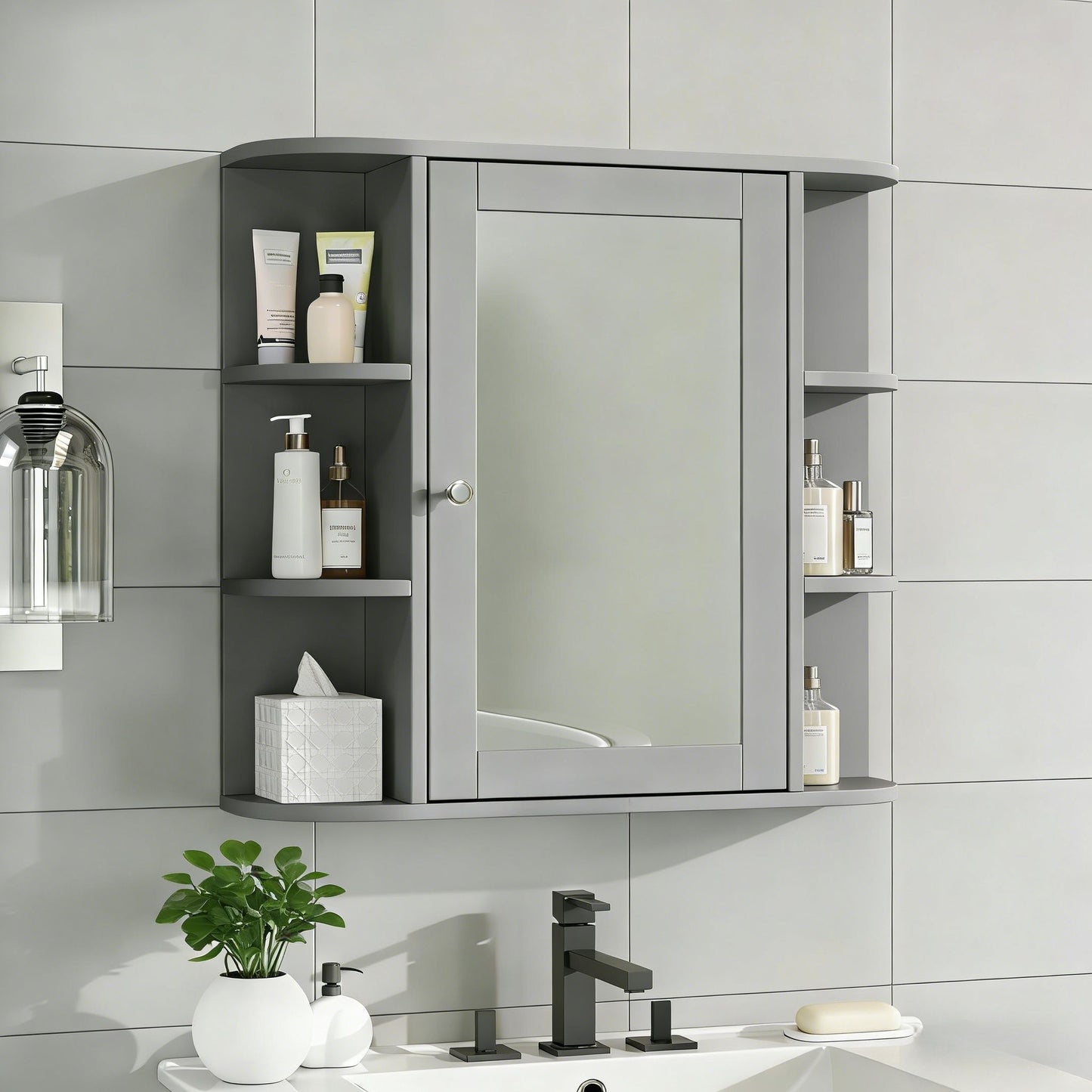 Bathroom Wall Storage Cabinet With Mirror And Adjustable Shelf, 6 Open Shelves