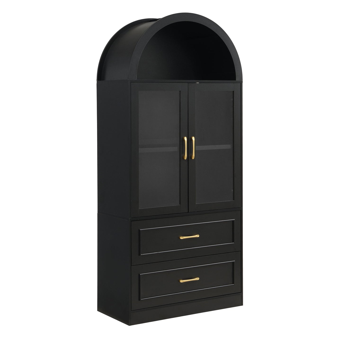 Arched Top Storage Cabinet With Fixed 2 Tier Shelves, 2 Large Drawers