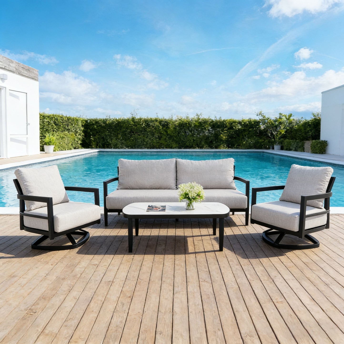 Outdoor Conversation Set With Chairs, Bench Sofa, Tables, Sunbrella Cushions