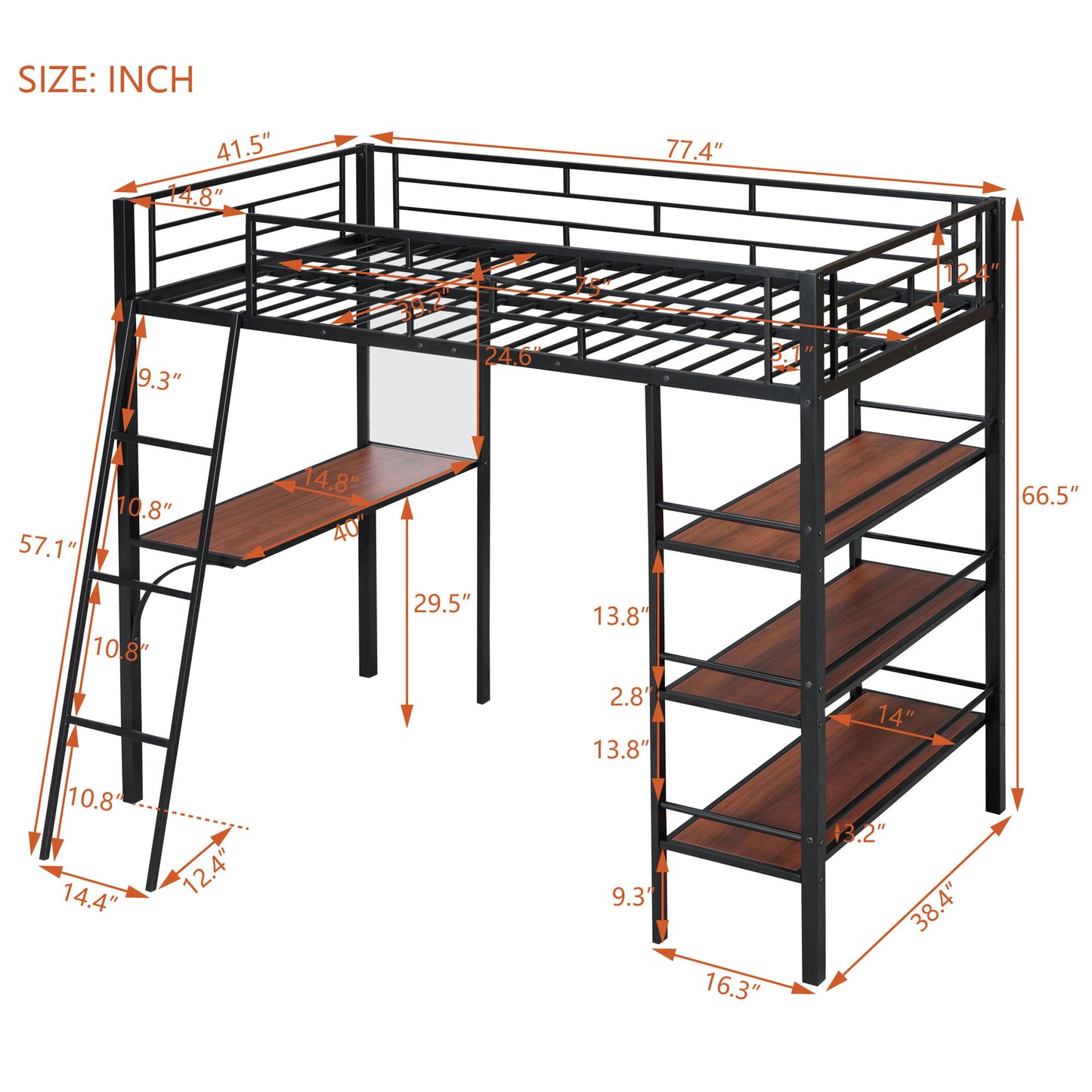 Loft Metal Bed With 3 Layers Of Shelves And Desk, Stylish Metal Frame Bed With board