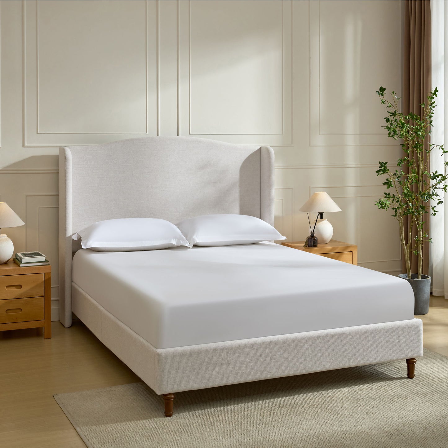 Hannah - Upholstered Wingback Bed Size / Tall Headboard Upholstered King Bed / Premium Textured Look / Minimalist Designs / No Box Spring Needed