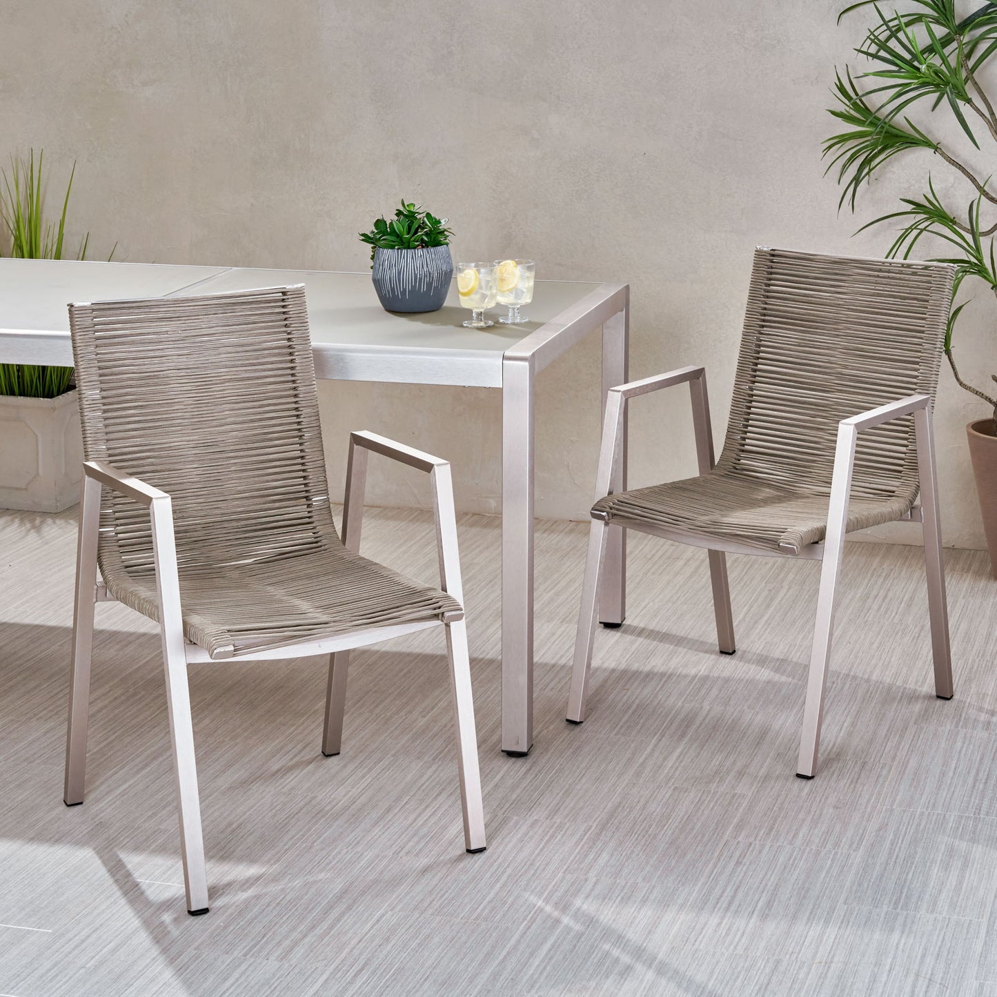 Outdoor Modern Aluminum Dining Chair Set With Rope Sea (Set of 2)