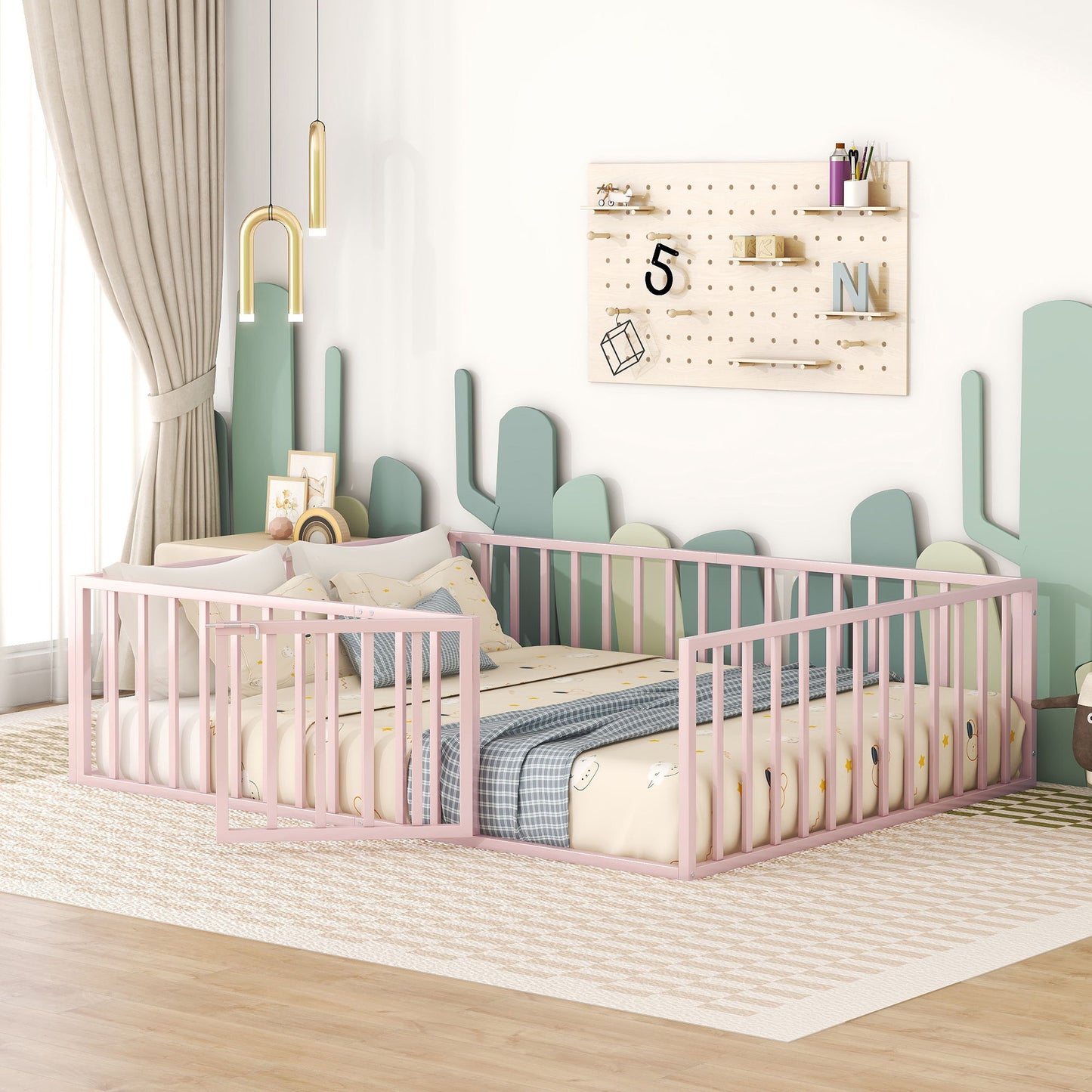 Metal Floor Bed Frame With Fence And Door
