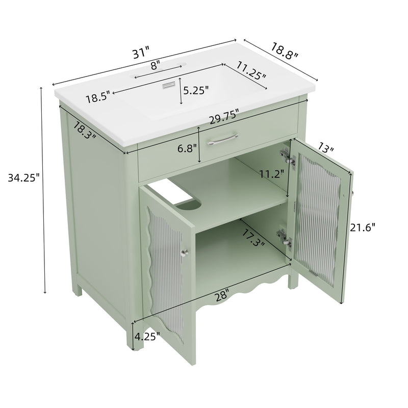 Bathroom Vanity With Glass Doors, Soft Close Hinges - Green
