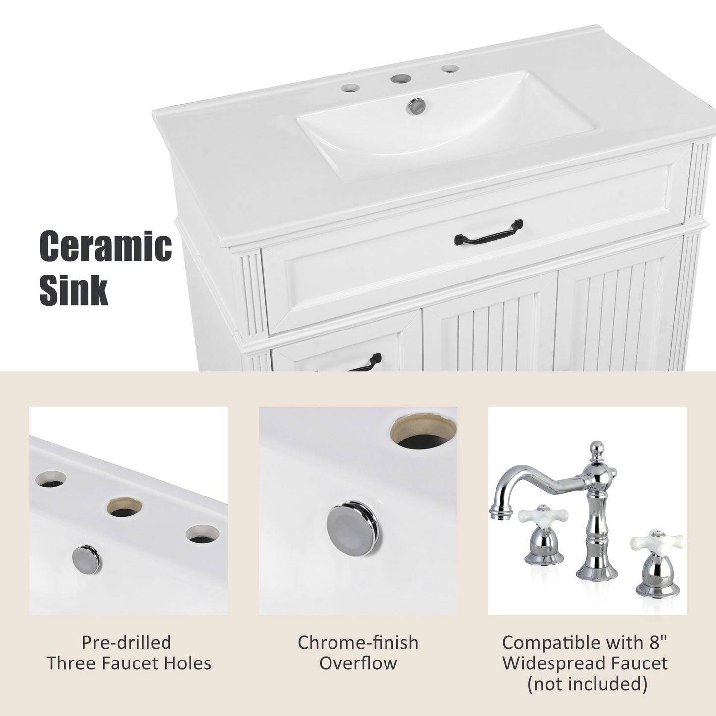 Bathroom Vanity With Sink, 2 Doors 2 Drawers, Freestanding Design