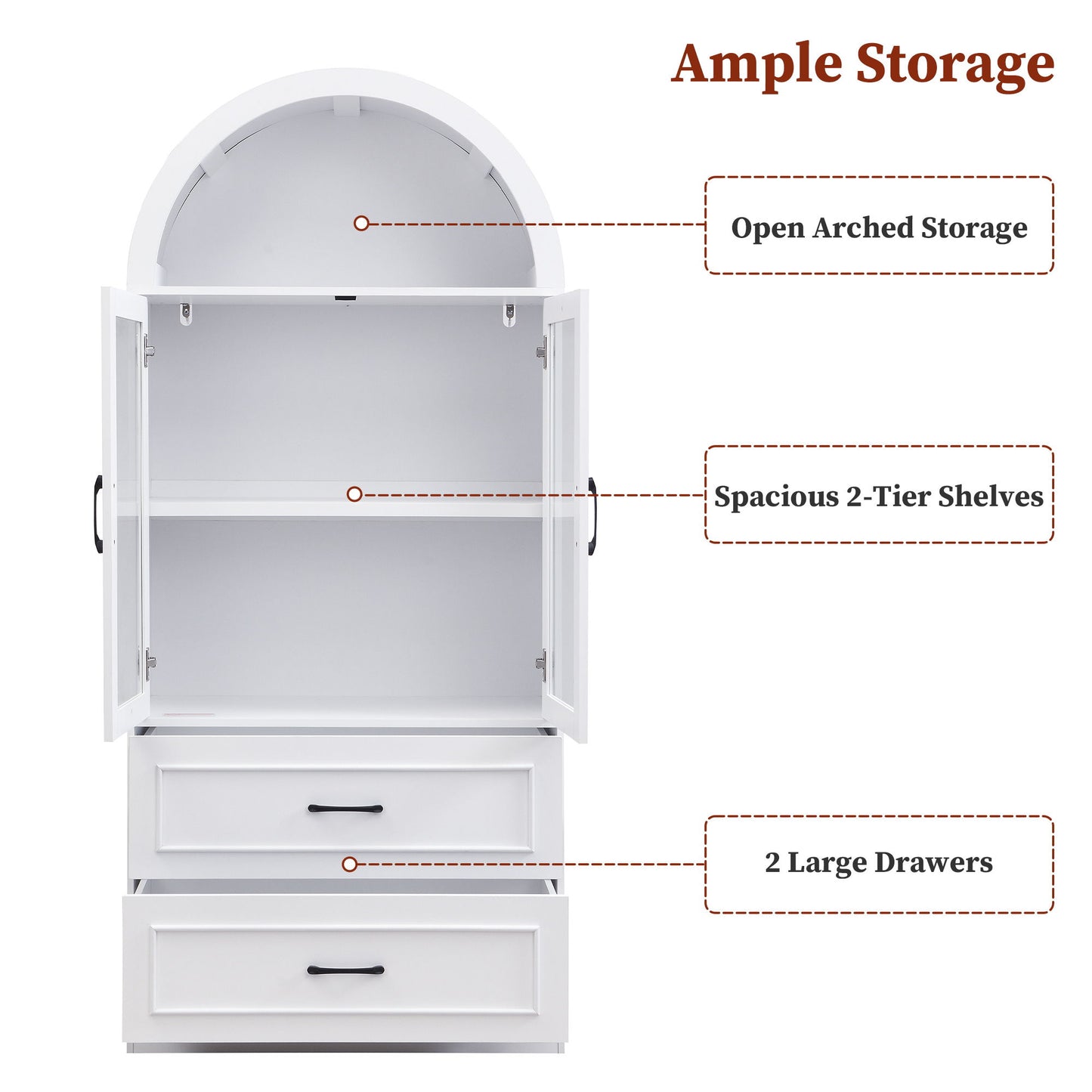 Arched Top Storage Cabinet With Fixed 2 Tier Shelves, 2 Large Drawers