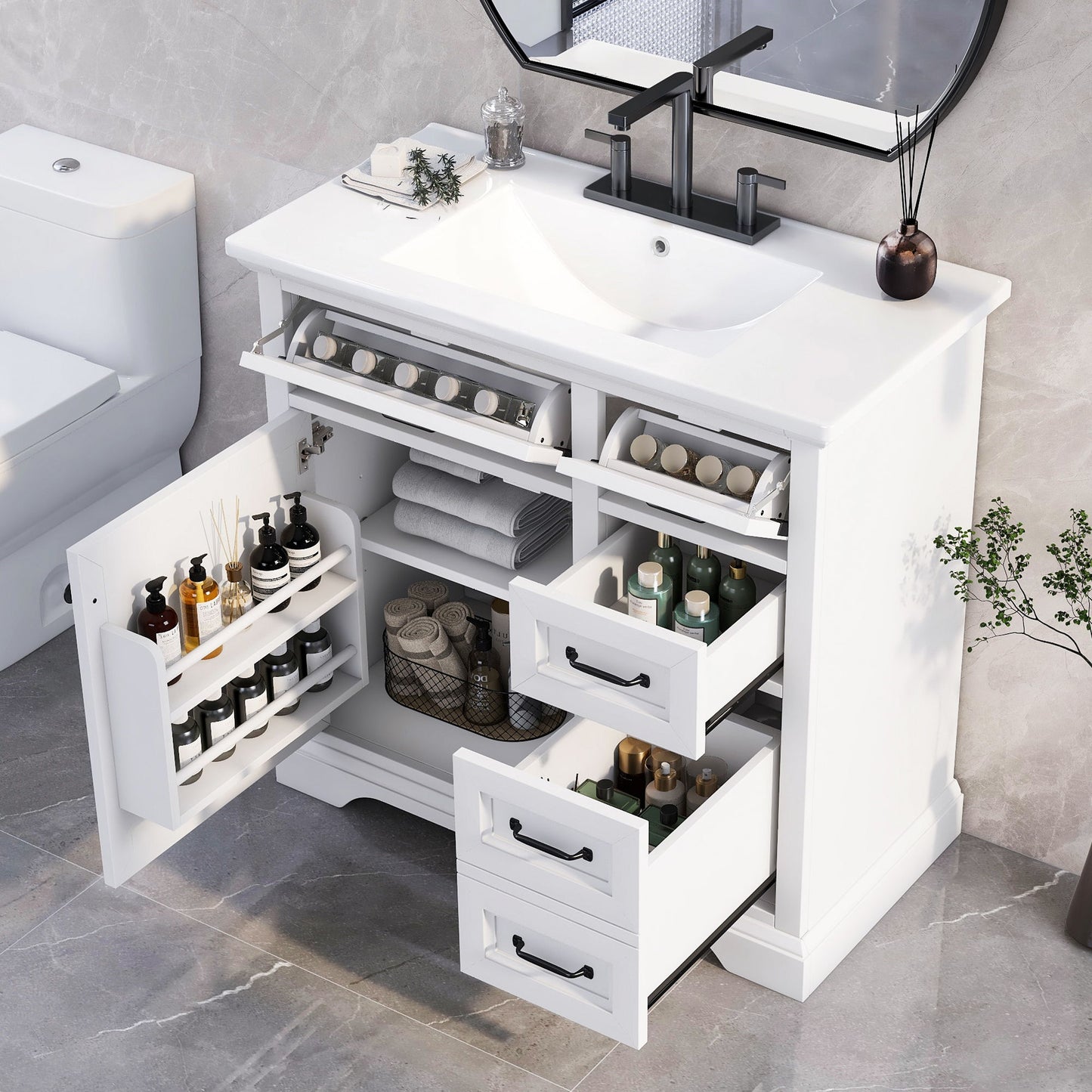 36" Bathroom Vanity With Sink, 2 Tip-Out Drawers, Soft Close Hinges