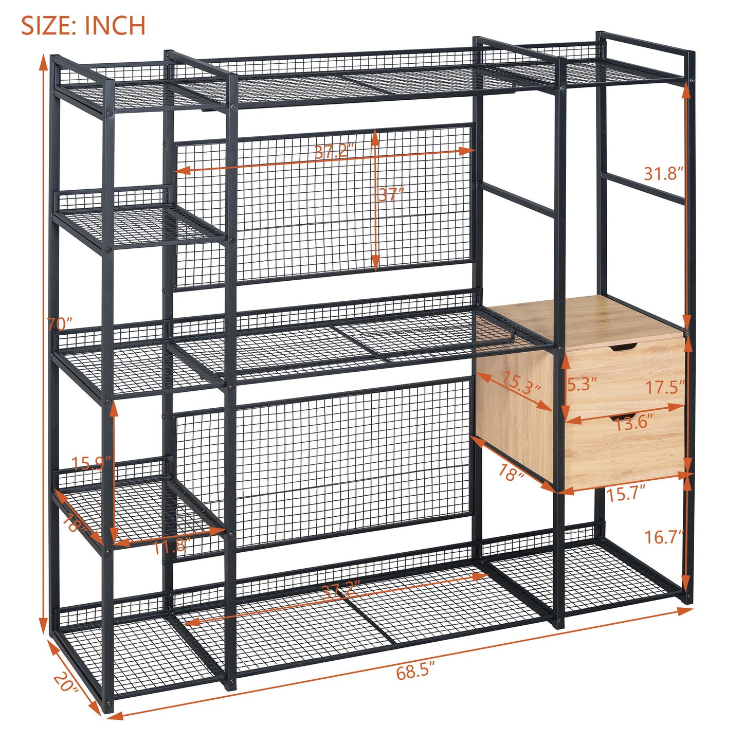 Open Style Wardrobe With Hanging Rails, Shelves And Drawers