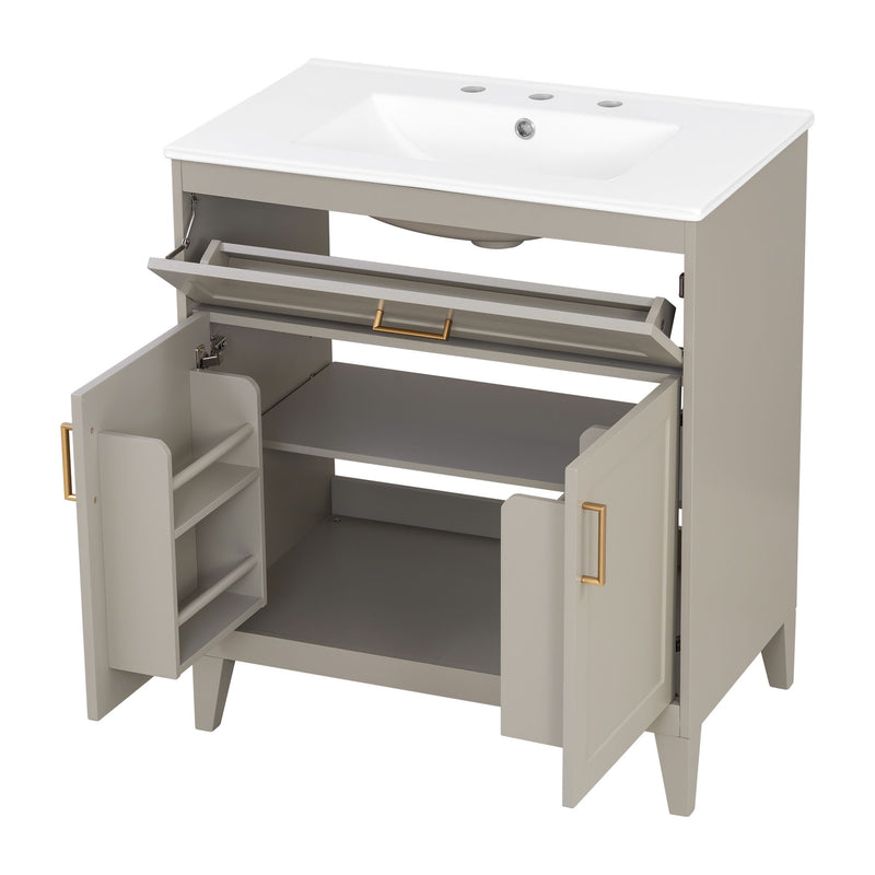 30" Bathroom Vanity With Sink Top, Soft Close Double Doors & Tip Out Drawer, Adjustable Interior Shelf, Door Mounted Organizers - Beige