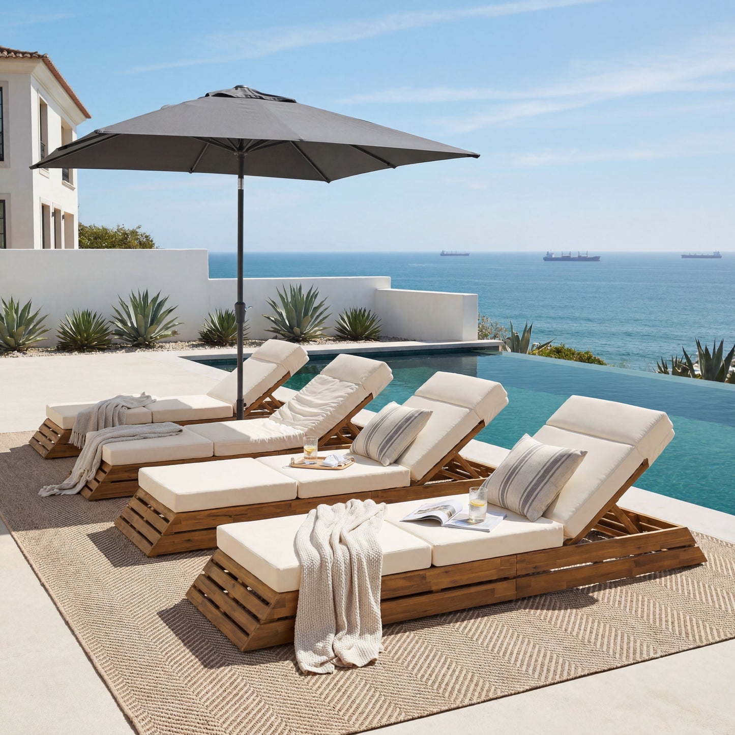 Chaise Lounge Set With 4 Fold Cushion And Built In Headrest, 3 Position Adjustable Backrest, For Patio - Beige / Teak