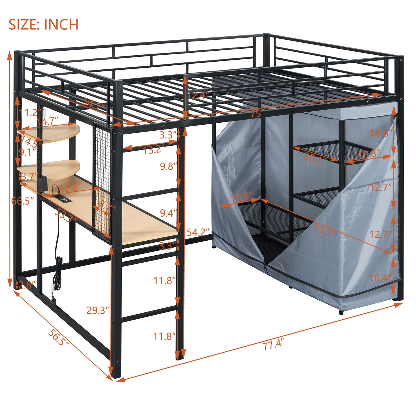 Loft Bed With Desk, Shelves, Power Outlet, LED Light And Wardrobe