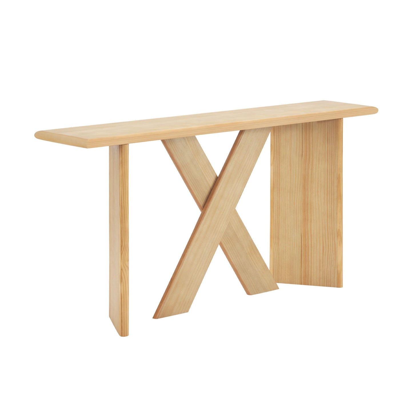 X-Frame Console Table, Angled Cross Leg Design, Rounded Edges - Natural