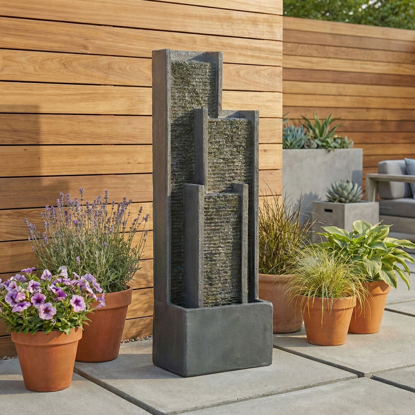 Outdoor Water Fountain With Cascading Waterfall And LED Lighting - Black