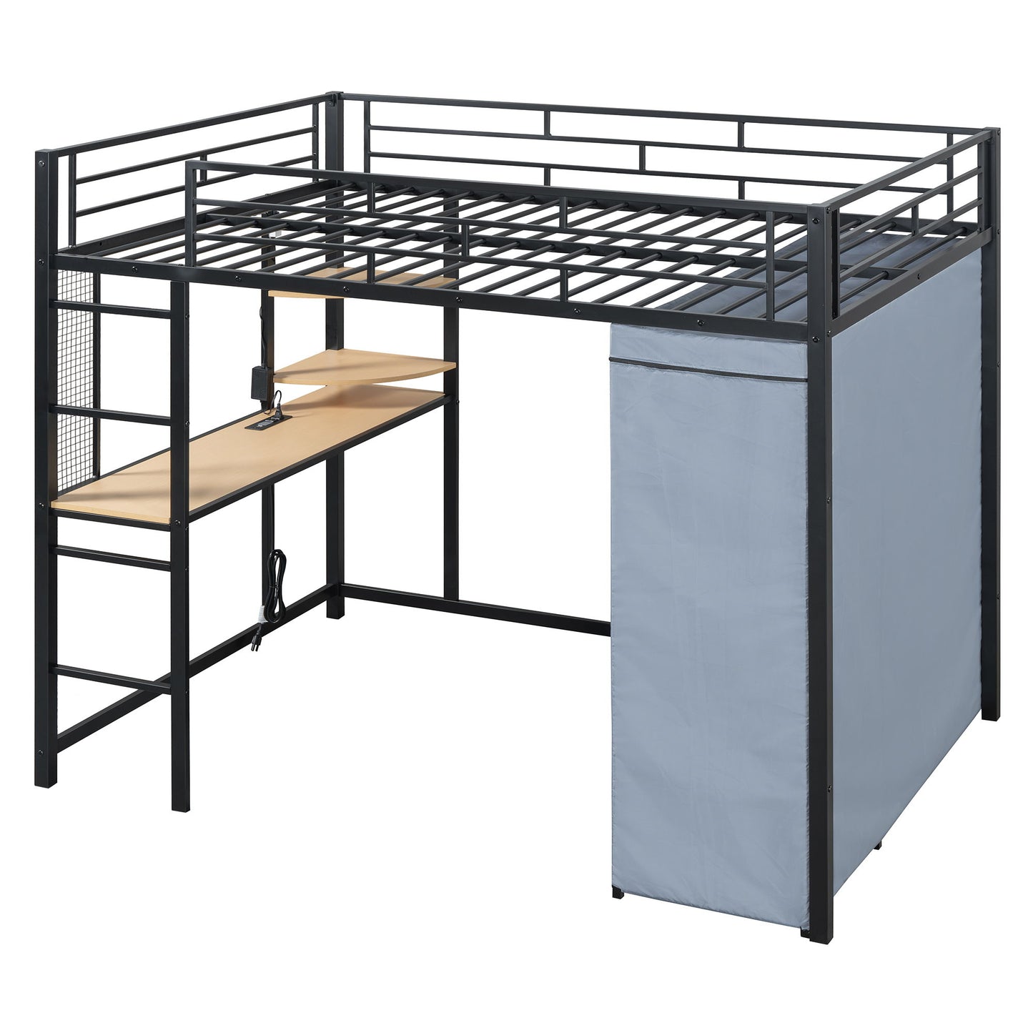 Loft Bed With Desk, Shelves, Power Outlet, LED Light And Wardrobe