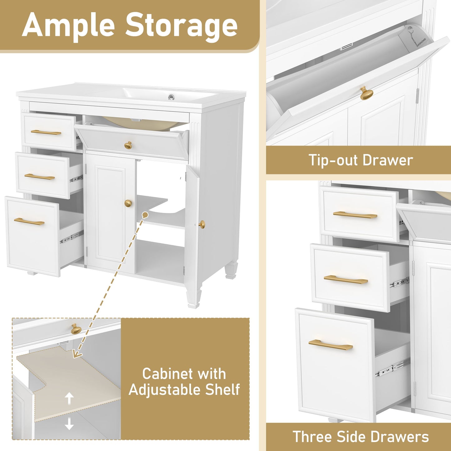 Bathroom Vanity With Sink, 1 Tip Out Drawer, 3 Side Drawers, Adjustable Shelf