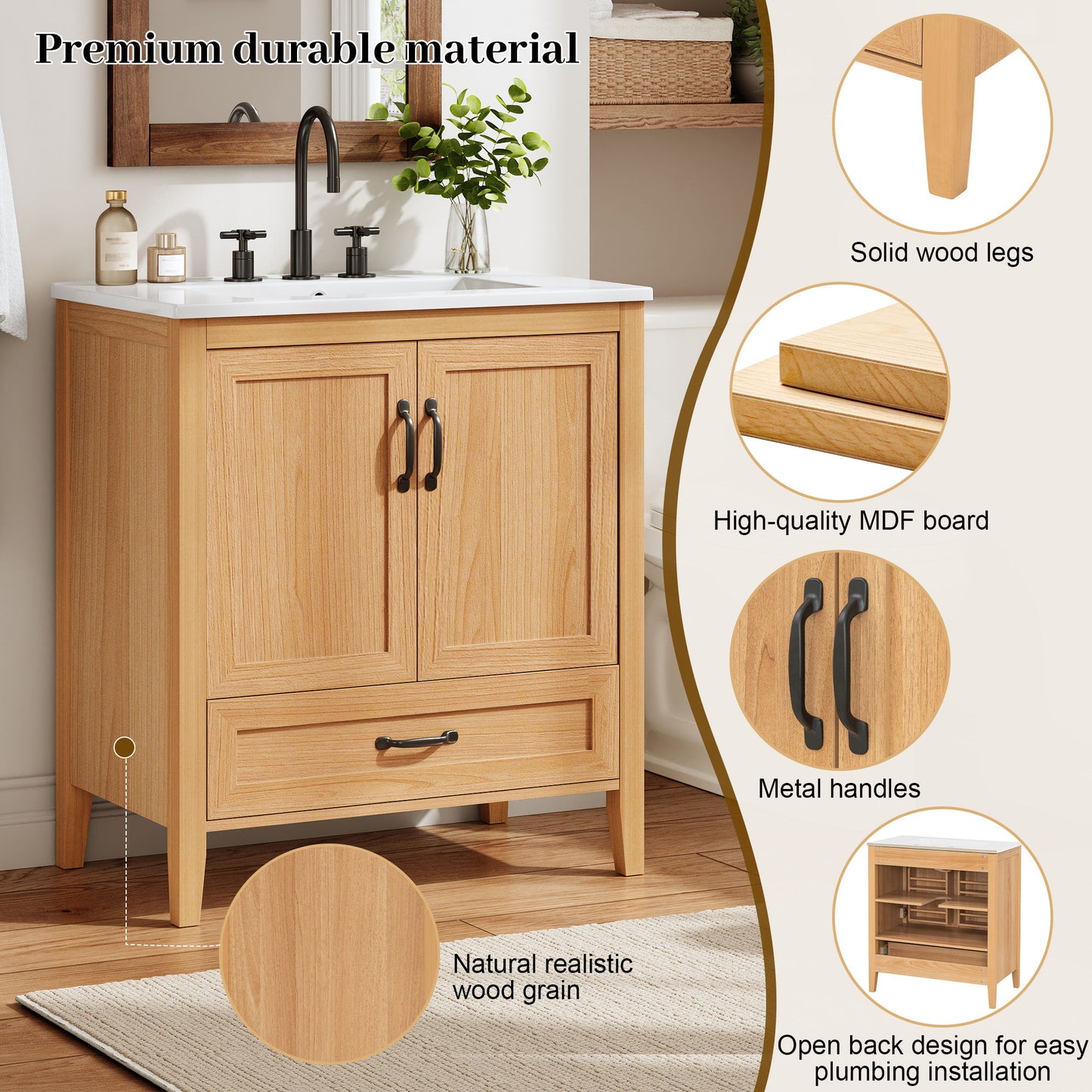 Elegant Fluted Bathroom Vanity With Sink, Soft Close Doors & Drawer