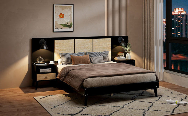 Bed Frame With 2 Nightstands Elegant Design With Lamps