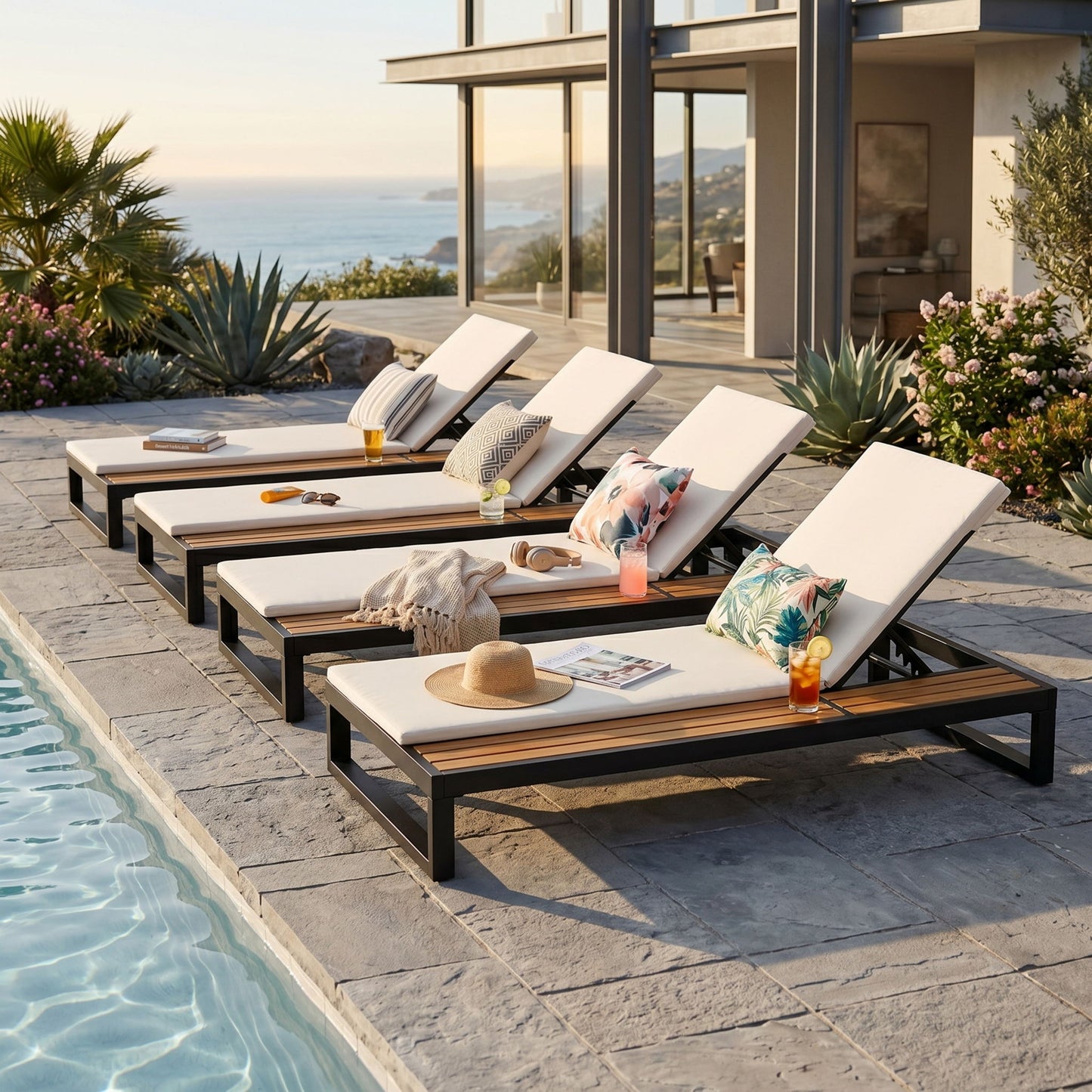 Chaise Lounge Set, 5 Position Adjustable, Flat Side Surface Storage