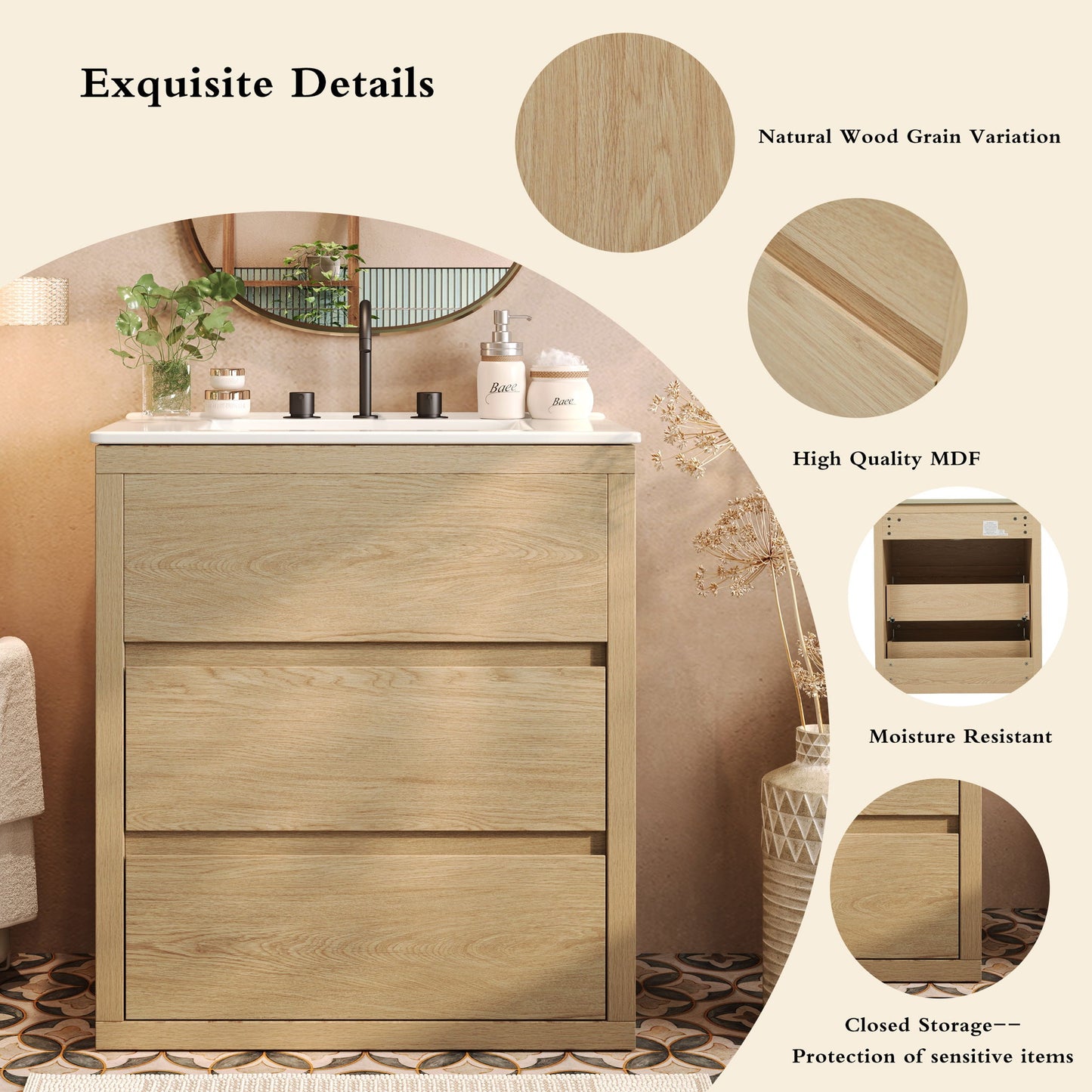 Freestanding Bathroom Vanity With Ceramic Sink, 2 Full Extension Drawers