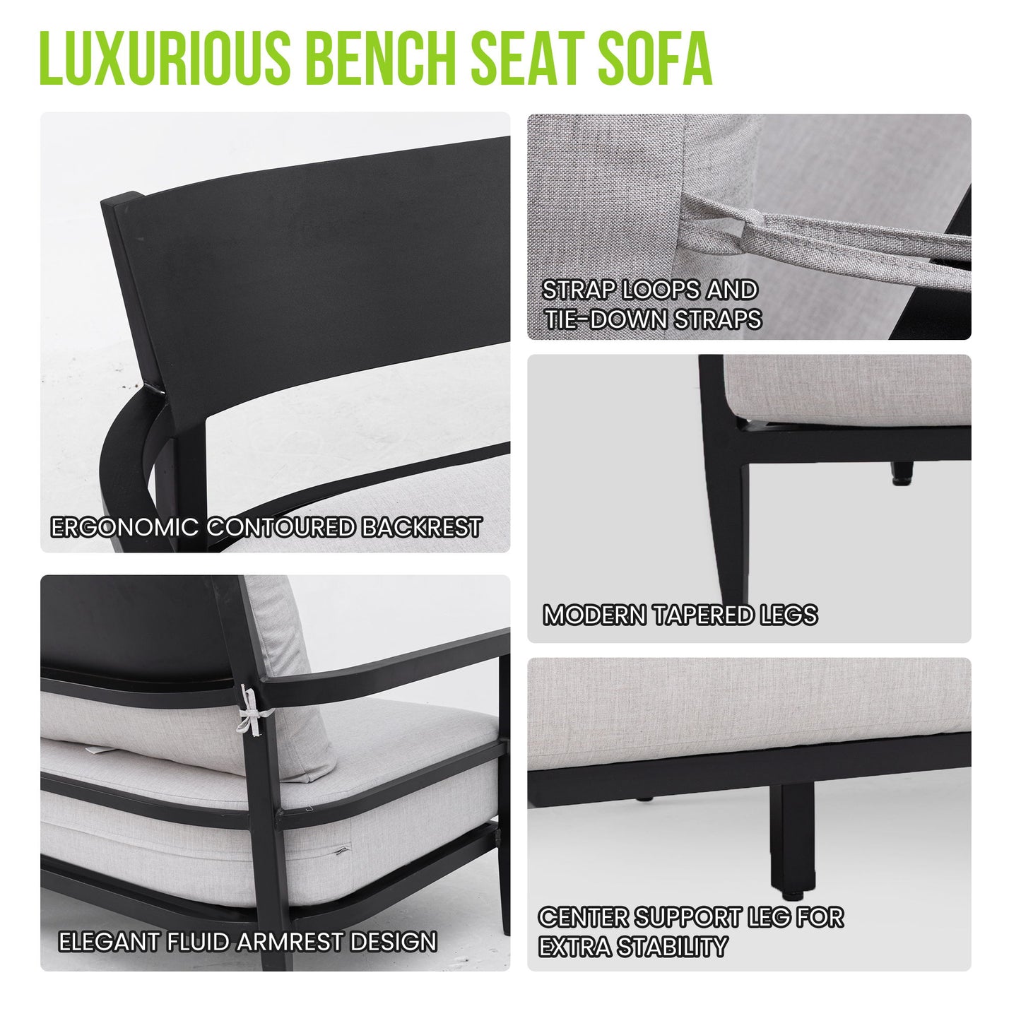 Outdoor Conversation Set With Chairs, Bench Sofa, Tables, Sunbrella Cushions