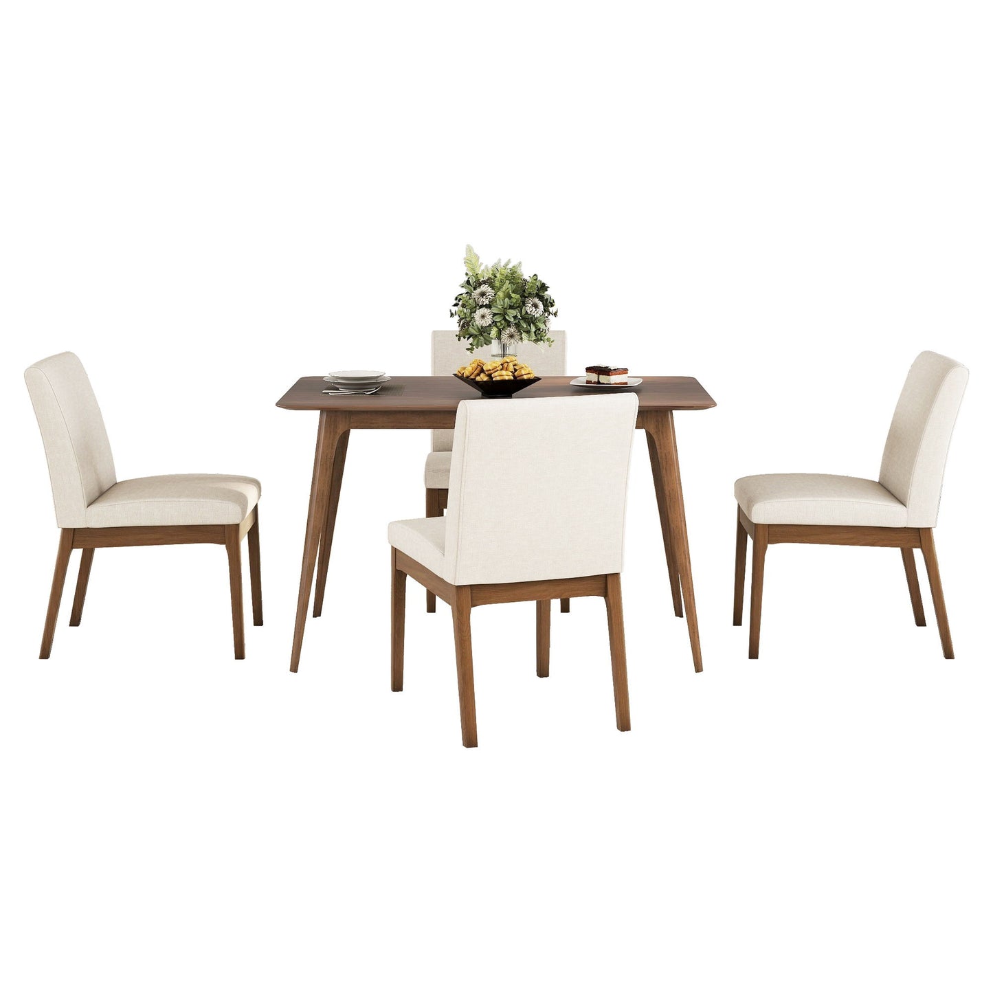 5 Piece Dining Set With Table And Upholstered Chairs - Light Beige / Walnut