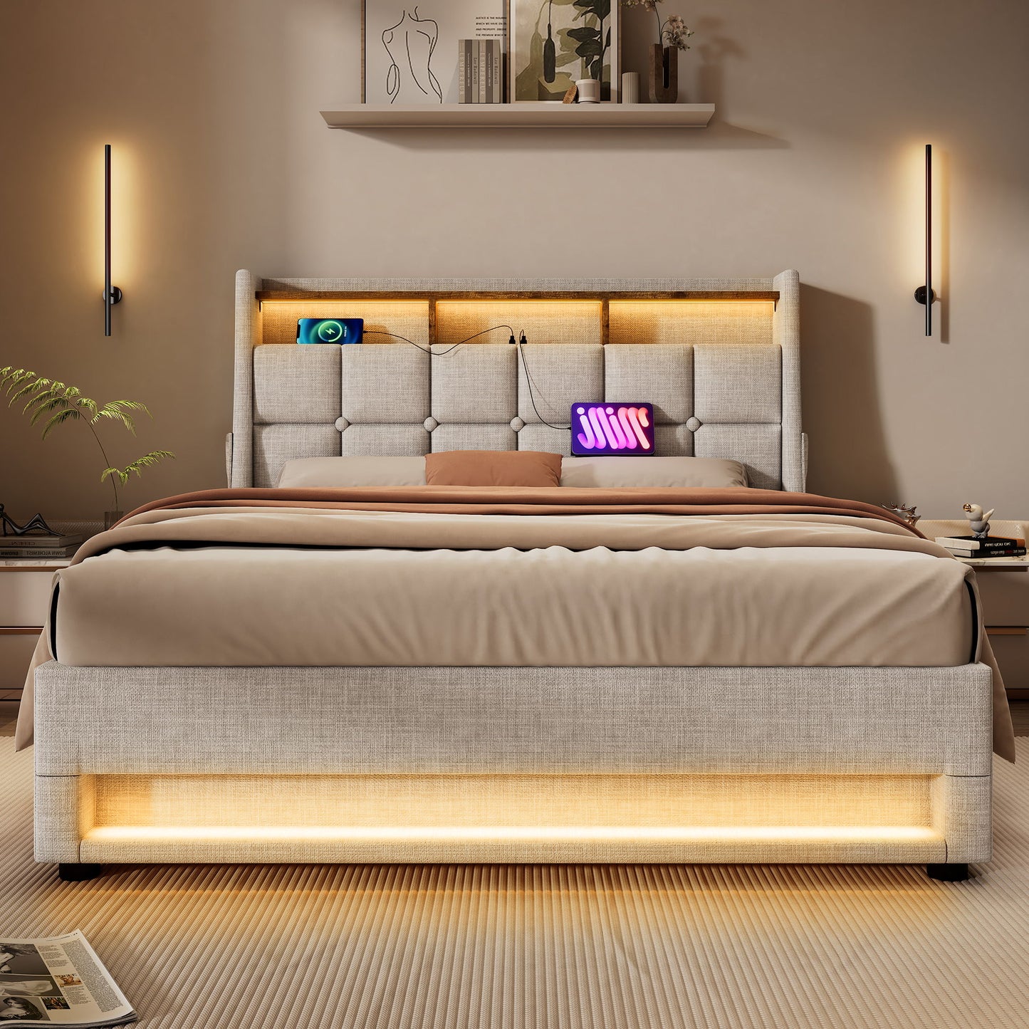Platform Bed With Hydraulic Storage, LED Lighting & Charging Station