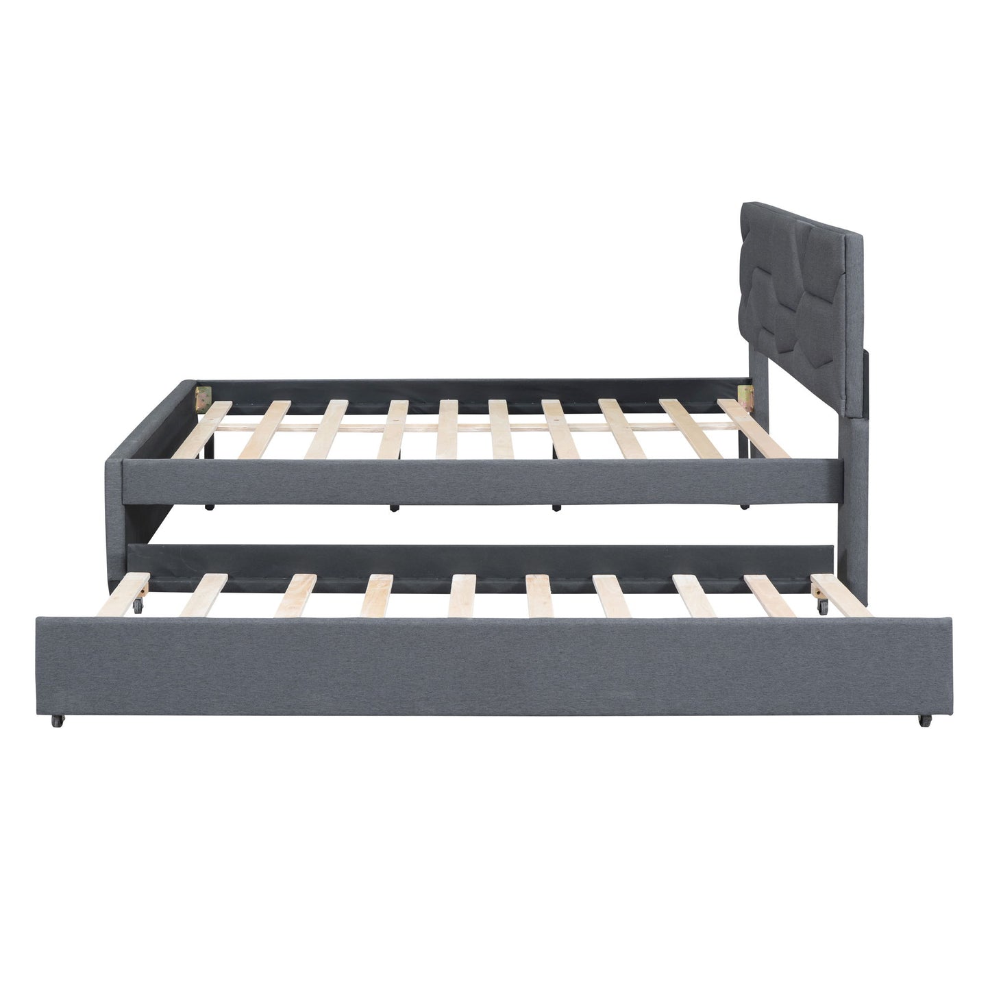 Upholstered Platform Bed With Brick Pattern Headboard And Twin Long Size Trundle