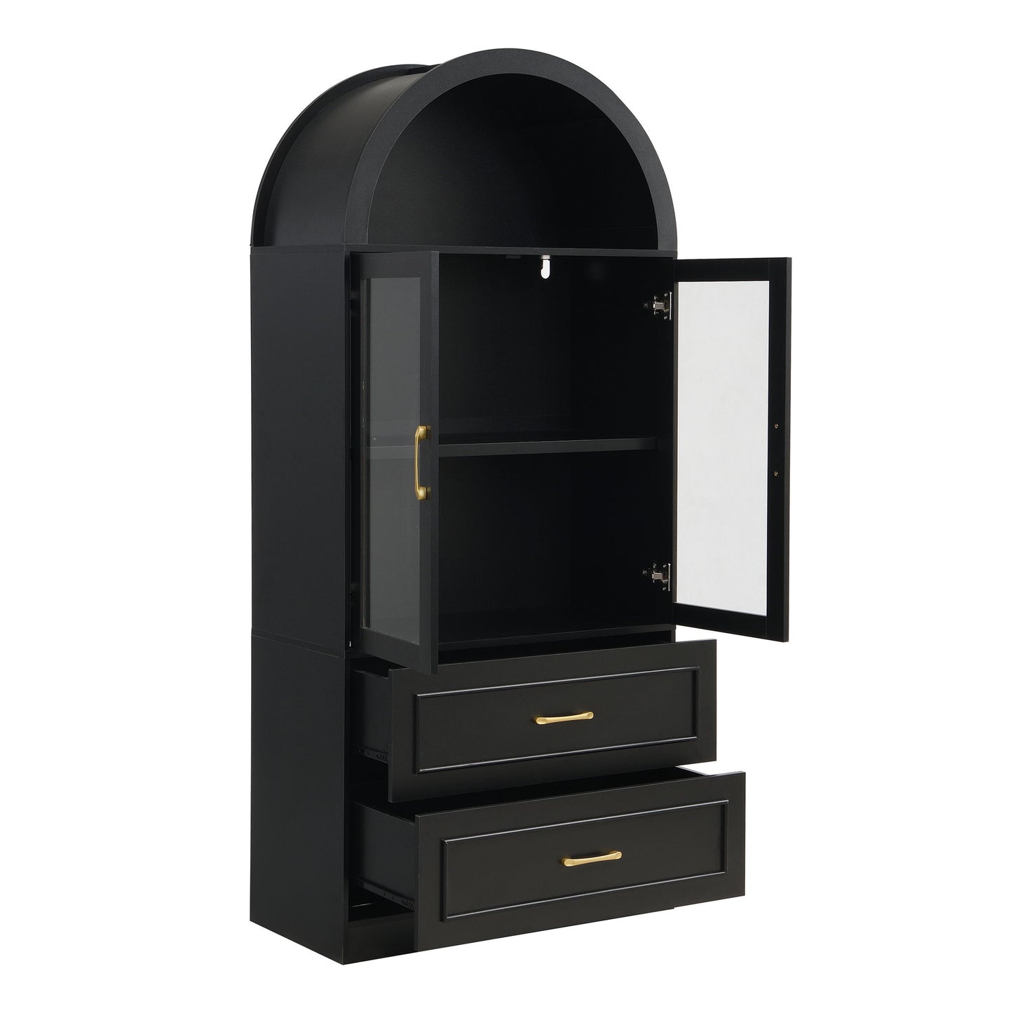 Arched Top Storage Cabinet With Fixed 2 Tier Shelves, 2 Large Drawers
