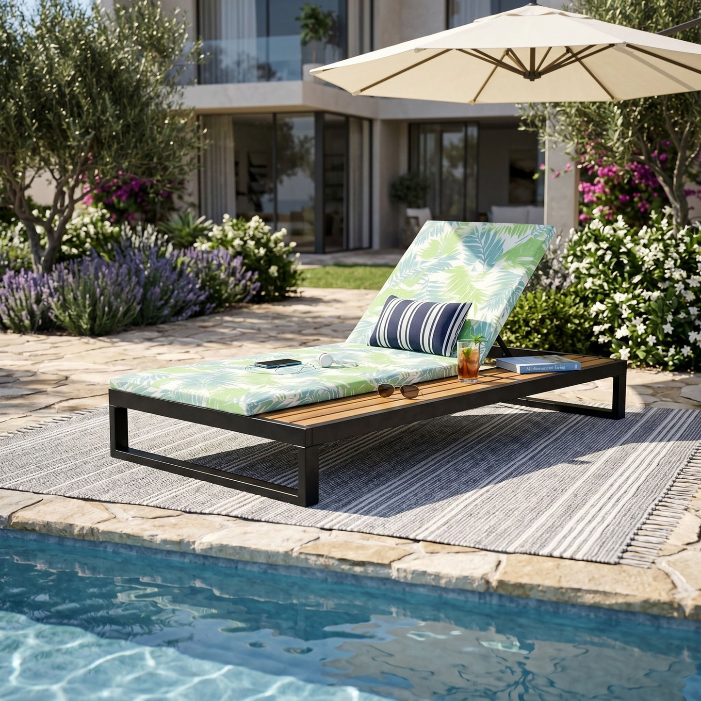 Chaise Lounge Set, 5 Position Adjustable, Flat Side Surface Storage