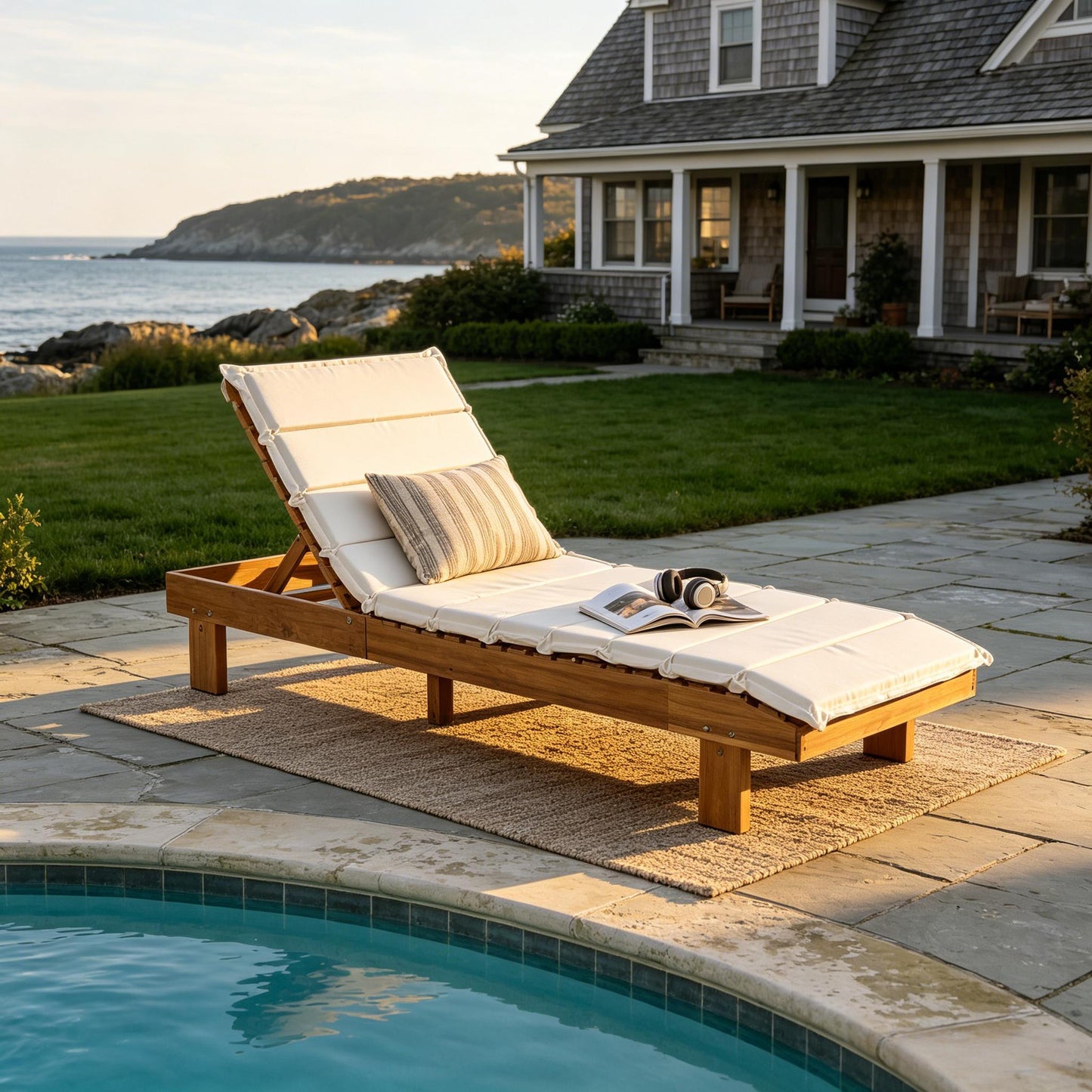 Chaise Lounge With Multi Fold Cushion, 3 Position Adjustable Backrest For Patio - Beige / Teak