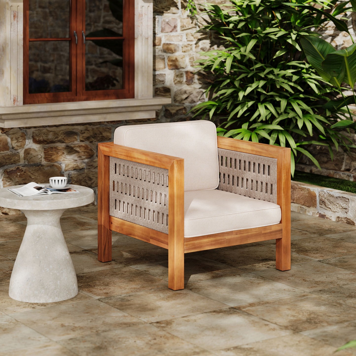 Outdoor Club Chair & Rope Arm And Cushions