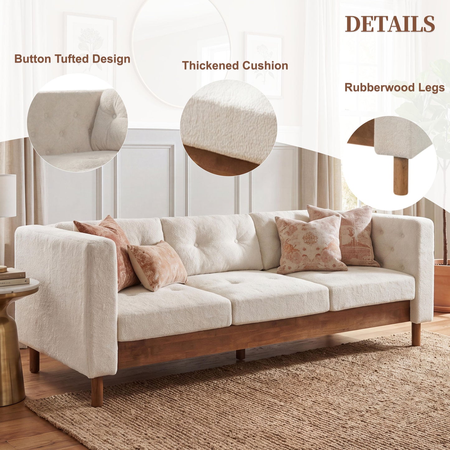 3 Seater Sofa With Square Arms, Tufted Pillow Back For Living Room
