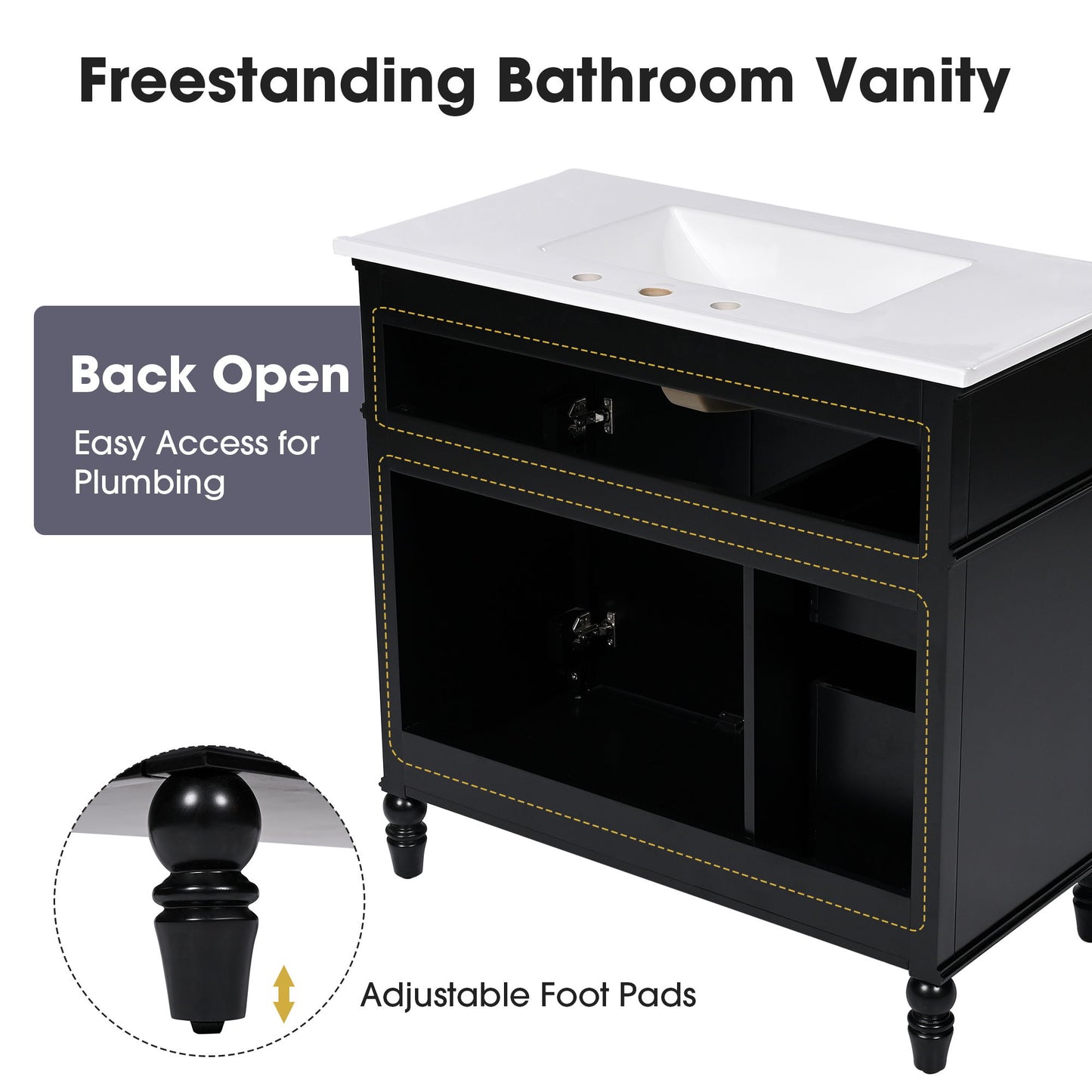 Bathroom Vanity With Sink, 2 Doors 2 Drawers, Freestanding Design