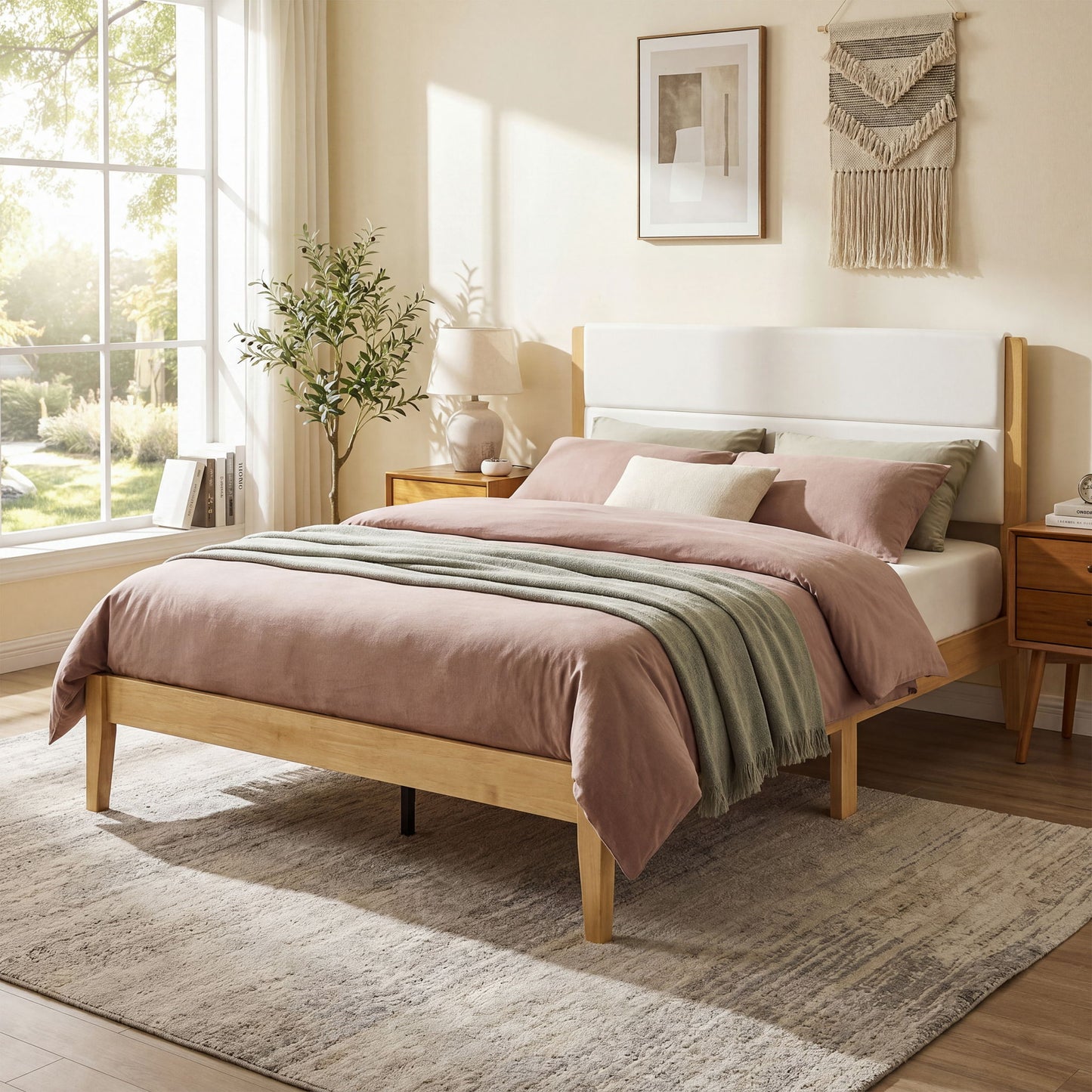 Platform Bed Frame With Upholstered Headboard, Slat Support