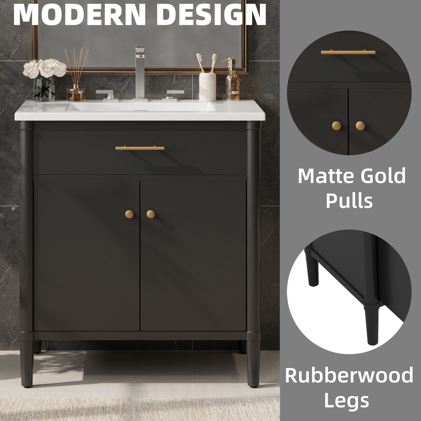 Bathroom Vanity With Sink, Soft Close Doors And Adjustable Shelf