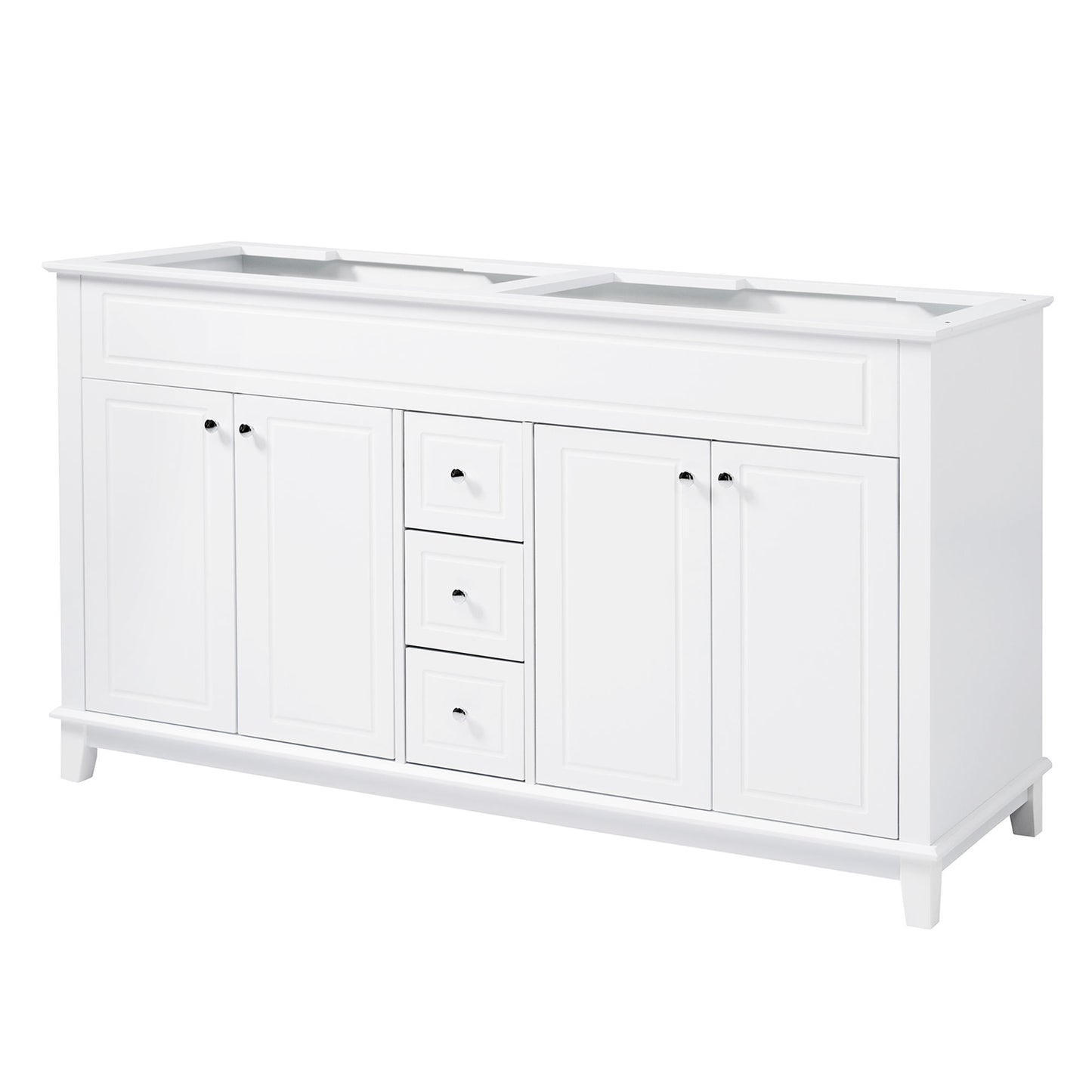 Bathroom Vanity Cabinet Only, 3 Drawers & 4 Doors & Double Layer Shelves - White