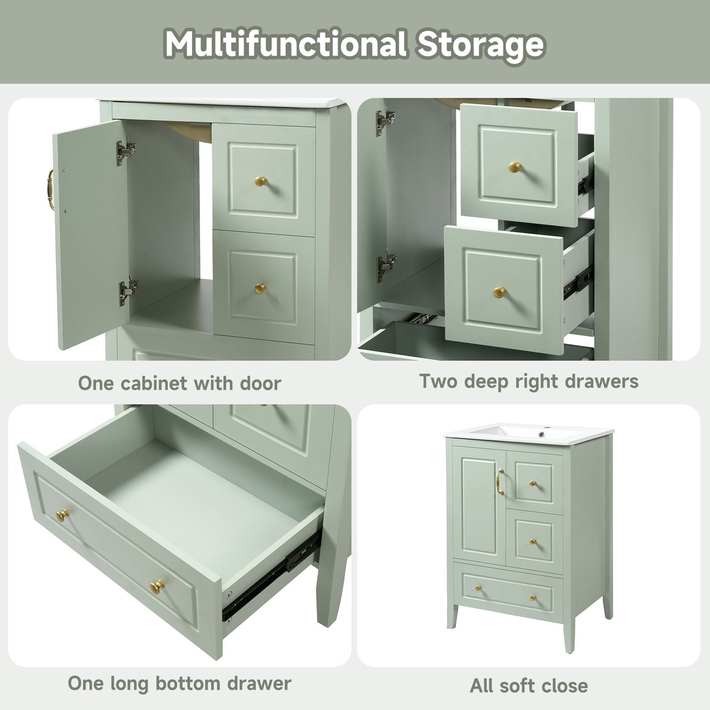Retro Bathroom Vanity With Sink, Soft Closing Cabinet & Drawers