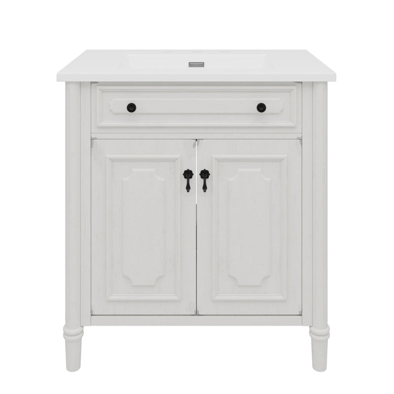 Tocador de baño vintage con lavabo, mueble rústico con puertas de cierre suave