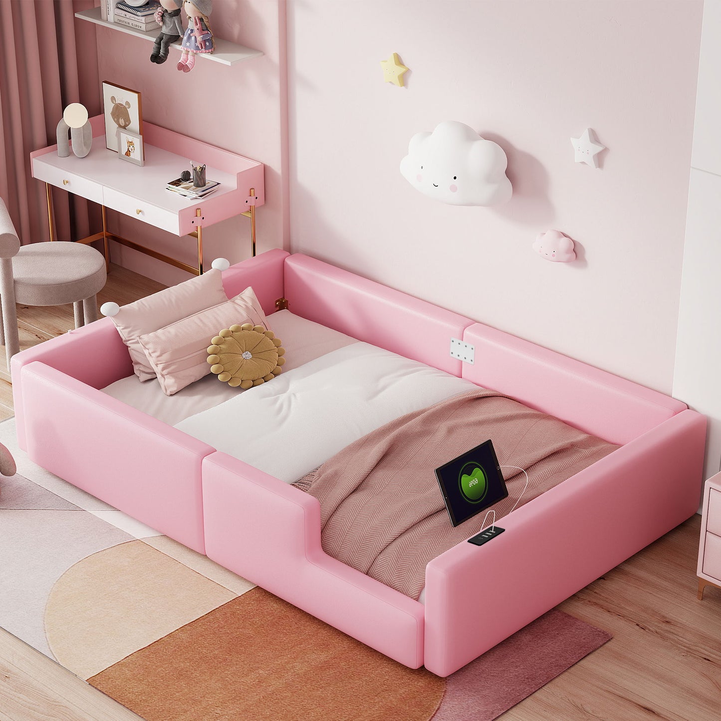 Platform Bed With Guardrail And Charging Station