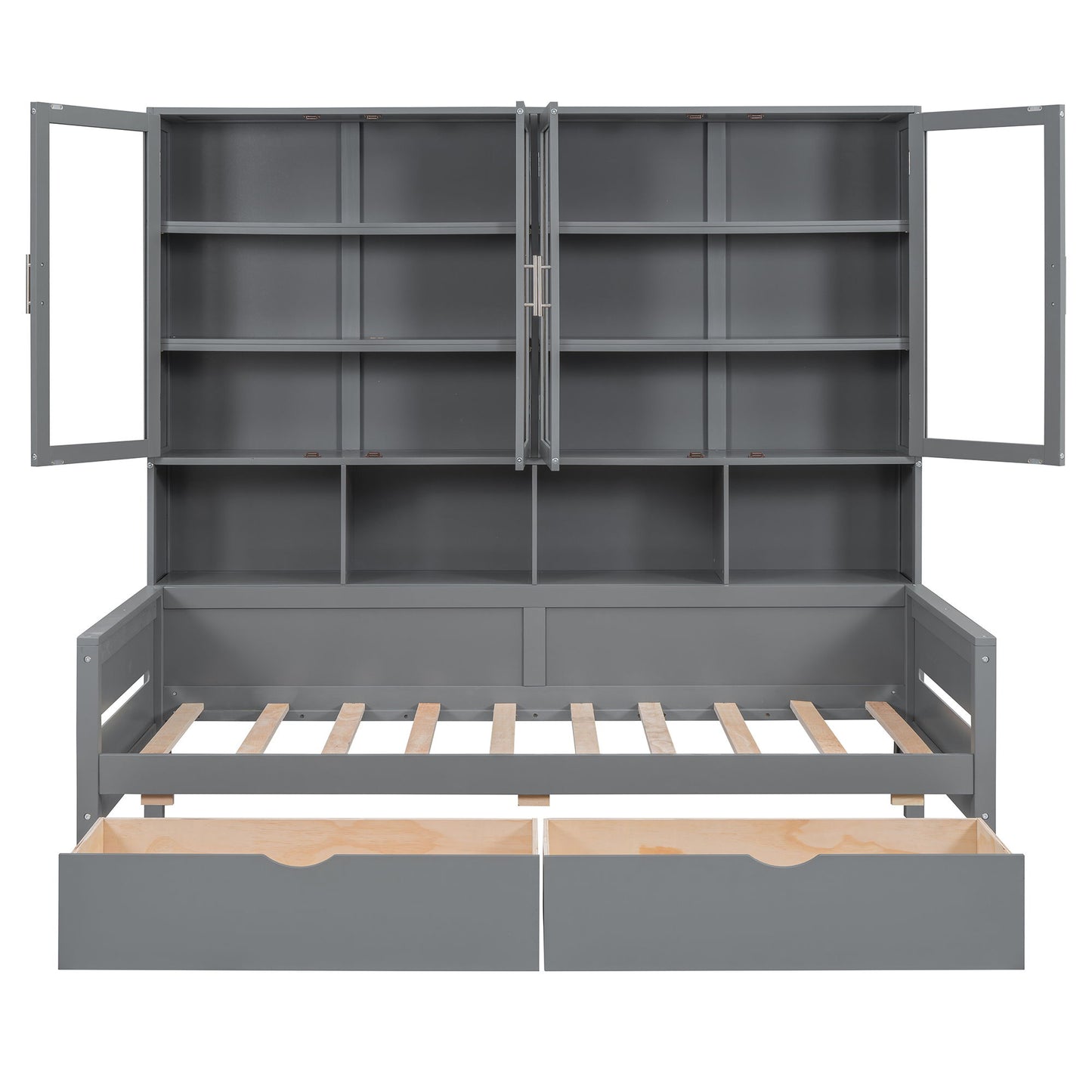 Daybed With Glass Door Storage Cabinets, Built In LED Lighting And Shelves
