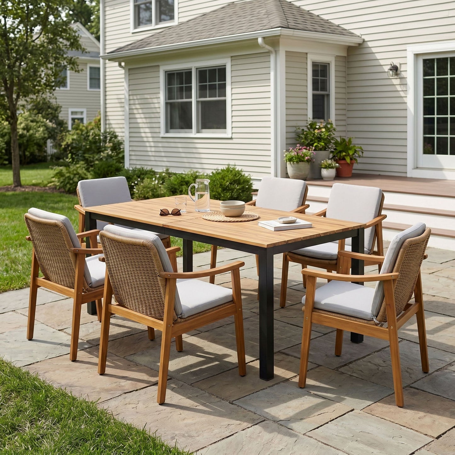 7 Piece Outdoor Patio Dining Set With & 6 Arm Chairs